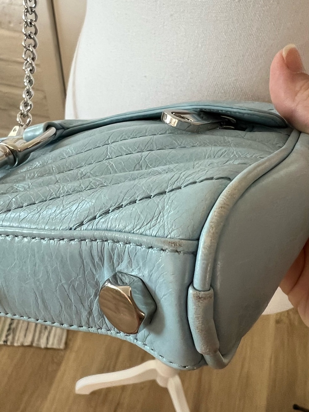 Rebecca Minkoff Light Blue Quilted Leather Mini Mac Crossbody with Silver Chain - Picture 10 of 13